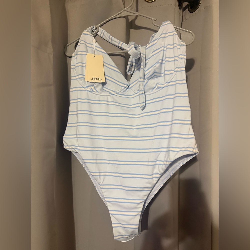 NWT Monday** Striped One-Piece Swimsuit in White and Light Blue